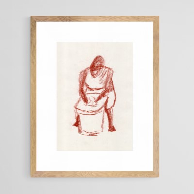 MAKING POTTERY - Sandra Burns ART - nature art, pottery maker gift ideas, a ceramic artist sitting at the pottery wheel, brown and white drawing, feel the wet clay between your fingers, it's not quite the Demi Moore pottery scene from Ghost - nature art for sale, original conte crayon drawing on paper, shown in 'oak' frame