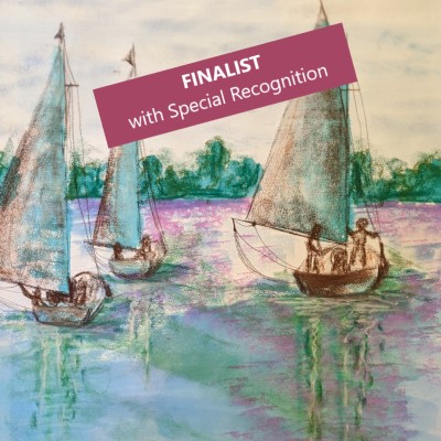 SUNDAY SAILING - Sandra Burns ART - nature art, boats sailing on the Swan River in Perth Western Australia, pink evening sunset sky reflecting on the water, sunset sailing, watercolour, pastel crayon - nature art for sale, original mixed media painting on paper