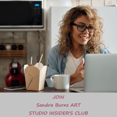 Sandra Burns ART - Studio Insider's Club - an invitation to join my monthly newsletter - image shows happy subscriber with a cup of coffee and her laptop