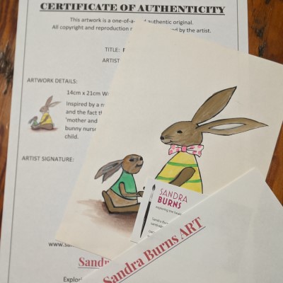 BUNNY LOVE - Sandra Burns ART - nature art, bunny nursery art, children's décor bunny painting, mother and child bunny rabbits, brown yellow green pink, holding hands, deep in love, maternal instinct - nature art for sale, original watercolour painting on paper, image shows what to expect when you purchase