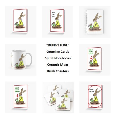 BUNNY LOVE - Sandra Burns ART - nature art, bunny nursery art, children's décor bunny painting, mother and child bunny rabbits, brown yellow green pink, holding hands, deep in love, maternal instinct - nature art for sale, original artwork reproduced on greetings cards, spiral notebook, ceramic mug, drink coasters