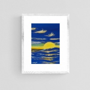 SUMMER SWELL - Sandra Burns ART - nature art, ocean sunset painting, the sun setting over the ocean, blue white gold, peace and tranquility - nature art for sale, original artwork reproduced on open-edition print
