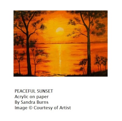 PEACEFUL SUNSET - Sandra Burns ART - nature art, a glorious sunset or red and yellow, golden sun reflecting across the water, framed by black silhouette trees, acrylic painting on paper