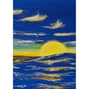 SUMMER SWELL - Sandra Burns ART - nature art, ocean sunset painting, the sun setting over the ocean, blue white gold, peace and tranquility - nature art for sale, original artwork reproduced on open-edition print