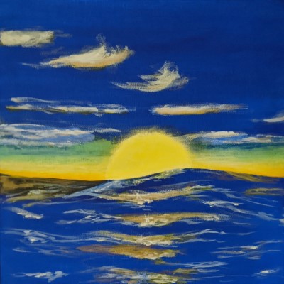 SUMMER SWELL - Sandra Burns ART - nature art, ocean sunset painting, the sun setting over the ocean, blue white gold, peace and tranquility - nature art for sale, original acrylic painting on canvas