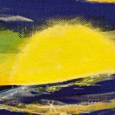 SUMMER SWELL - Sandra Burns ART - nature art, ocean sunset painting, the sun setting over the ocean, blue white gold, peace and tranquility - nature art for sale, original acrylic painting on canvas - image shows close-up of the sun setting over the water