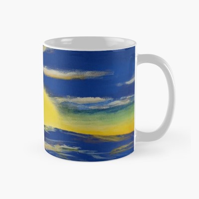 SUMMER SWELL - Sandra Burns ART - nature art, ocean sunset painting, the sun setting over the ocean, blue white gold, peace and tranquility - nature art for sale, original artwork reproduced on ceramic mug
