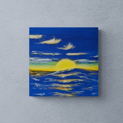 SUMMER SWELL - Sandra Burns ART - nature art, ocean sunset painting, the sun setting over the ocean, blue white gold, peace and tranquility - nature art for sale, original acrylic painting on canvas