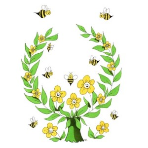 BEE HAPPY - Sandra Burns ART - nature art, happy bee garden, a community of happy bees and flowers, yellow black green, leaves vines smiling faces, warmth and happiness - nature art for sale, original ink artwork on paper