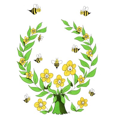 BEE HAPPY - Sandra Burns ART - nature art, happy bee garden, a community of happy bees and flowers, yellow black green, leaves vines smiling faces, warmth and happiness - nature art for sale, original ink artwork on paper