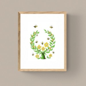 BEE HAPPY - Sandra Burns ART - nature art, happy bee garden, a community of happy bees and flowers, yellow black green, leaves vines smiling faces, warmth and happiness - nature art for sale, original ink artwork on paper, shown in 'oak' frame