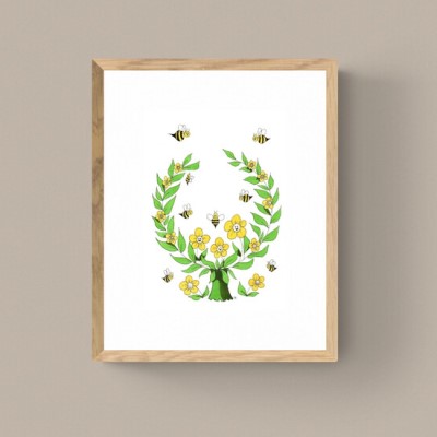 BEE HAPPY - Sandra Burns ART - nature art, happy bee garden, a community of happy bees and flowers, yellow black green, leaves vines smiling faces, warmth and happiness - nature art for sale, original ink artwork on paper, shown in 'oak' frame