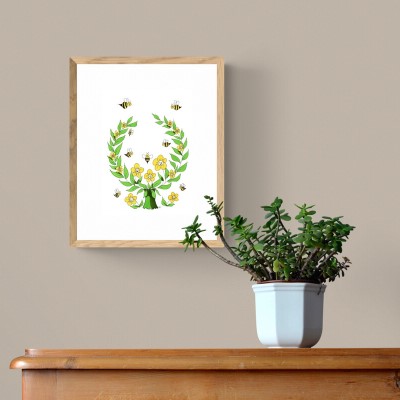 BEE HAPPY - Sandra Burns ART - nature art, happy bee garden, a community of happy bees and flowers, yellow black green, leaves vines smiling faces, warmth and happiness - nature art for sale, original ink artwork on paper