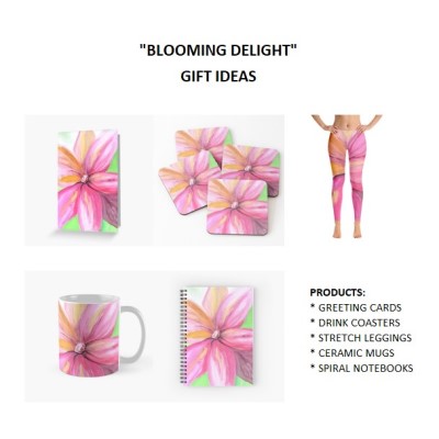BLOOMING DELIGHT - Sandra Burns ART - nature art, bright pink flower painting with yellow highlights against a bright green background - original artwork reproduced on giftware - ceramic mugs, spiral notebooks, drink coasters, greeting cards, stretch leggings