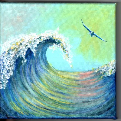 BY THE SEA - Sandra Burns ART - nature art, looking along the curl of a wave, with pink and yellow reflections on the water, white splashes of water on the crest of the wave, and a seagull flying alongside, blue, green, yellow, pink, water, wave, sea, splash, surf, sky, seagull, summertime, memories of summer - nature art for sale, original acrylic painting on stretched canvas