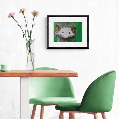 EDDIE THE EMU - Sandra Burns ART - nature art, Australian Emu painting, with amazing eyes looking at you, black white grey feathers, green background - original artwork reproduced on deluxe limited edition wall art print