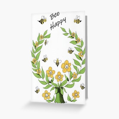 BEE HAPPY - Sandra Burns ART - nature art, happy bee garden, a community of happy bees and flowers, yellow black green, leaves vines smiling faces, warmth and happiness - original artwork reproduced on greeting card