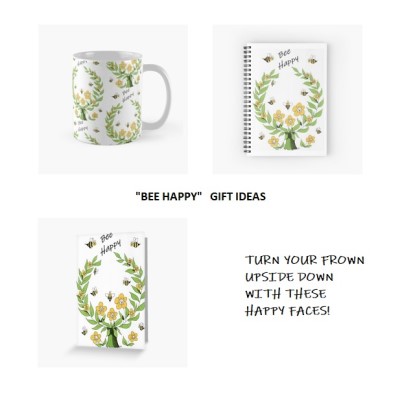 BEE HAPPY - Sandra Burns ART - nature art, happy bee garden, a community of happy bees and flowers, yellow black green, leaves vines smiling faces, warmth and happiness - nature art for sale, original artwork reproduced on greeting cards, spiral notebook, ceramic mug