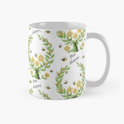 BEE HAPPY - Sandra Burns ART - nature art, happy bee garden, a community of happy bees and flowers, yellow black green, leaves vines smiling faces, warmth and happiness - original artwork reproduced on ceramic mug