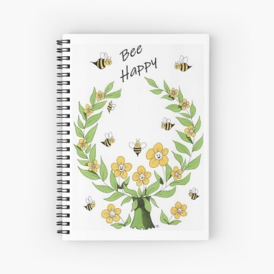 BEE HAPPY - Sandra Burns ART - nature art, happy bee garden, a community of happy bees and flowers, yellow black green, leaves vines smiling faces, warmth and happiness - original artwork reproduced on spiral notebook cover
