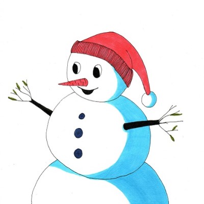 HAPPY SNOWMAN - Sandra Burns ART - nature art, happy snowman, snowman with red hat and twig arms, red blue green white, smiling snowman with carrot nose and buttons, merry christmas seasons greetings - original artwork by Sandra Burns