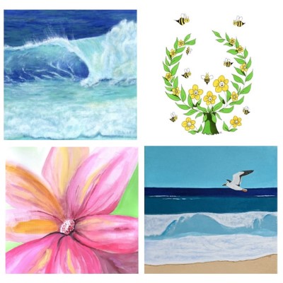 Artwork by Sandra Burns ART - ocean wave, bee happy, blooming delight, ocean vibe. 