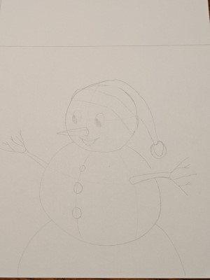 HAPPY SNOWMAN - Sandra Burns ART - nature art, happy snowman, snowman with red hat and twig arms, red blue green white, smiling snowman with carrot nose and buttons, merry christmas seasons greetings - original artwork by Sandra Burns