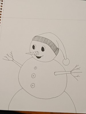 HAPPY SNOWMAN - Sandra Burns ART - nature art, happy snowman, snowman with red hat and twig arms, red blue green white, smiling snowman with carrot nose and buttons, merry christmas seasons greetings - original artwork by Sandra Burns