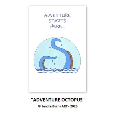 ADVENTURE OCTOPUS - Sandra Burns ART - nature art, adventure octopus curiosity, adventure starts here, octopus in water, blue orange, octopus tentacles rising out of water, water dripping back into the water, curiosity intrigue wonder - nature art for sale, original alcohol ink illustration on paper