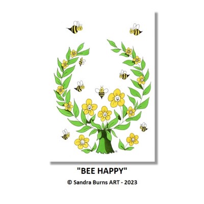 BEE HAPPY - Sandra Burns ART - nature art, happy bee garden, a community of happy bees and flowers, yellow black green, leaves vines smiling faces, warmth and happiness - nature art for sale, original ink artwork on paper