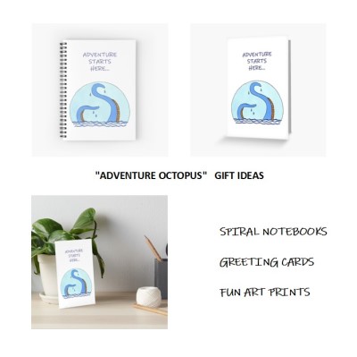 ADVENTURE OCTOPUS - Sandra Burns ART - nature art, adventure octopus curiosity, adventure starts here, octopus in water, blue orange, octopus tentacles rising out of water, water dripping back into the water, curiosity intrigue wonder - original artwork reproduced on spiral notebooks, greeting cards and artwork prints