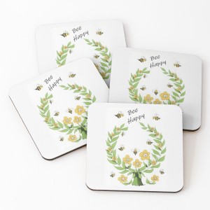 BEE HAPPY - Sandra Burns ART - nature art, happy bee garden, a community of happy bees and flowers, yellow black green, leaves vines smiling faces, warmth and happiness - original artwork reproduced on drink coasters