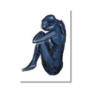 BLUE YOGA - Sandra Burns ART - nature art, knees to chest autism painting, woman in knees to chest seated post, blue and black on white, calmness and comfort - nature art for sale, original mixed media painting on paper