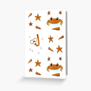 ADVENTURE BEACH - Sandra Burns ART - nature art, fun beach art, mask snorkel crab starfish bubbles shells, brown blue white, memories of summer - nature art for sale, original artwork reproduced on greeting cards