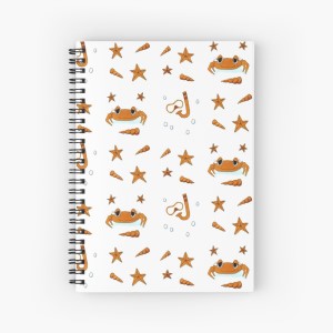 ADVENTURE BEACH - Sandra Burns ART - nature art, fun beach art, mask snorkel crab starfish bubbles shells, brown blue white, memories of summer - nature art for sale, original alcohol ink illustration reproduced on notebook cover