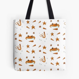 ADVENTURE BEACH - Sandra Burns ART - nature art, fun beach art, mask snorkel crab starfish bubbles shells, brown blue white, memories of summer - nature art for sale, original artwork reproduced on tote bag