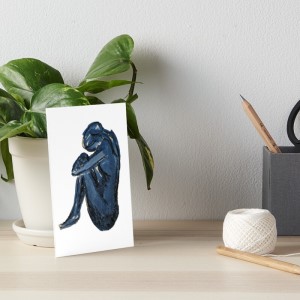 BLUE YOGA - Sandra Burns ART - nature art, knees to chest autism painting, woman in knees to chest seated post, blue and black on white, calmness and comfort - original artwork reproduced on prints