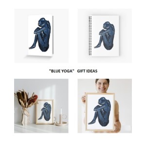 BLUE YOGA - Sandra Burns ART - nature art, knees to chest autism painting, woman in knees to chest seated post, blue and black on white, calmness and comfort - original artwork reproduced on notebook cover, greeting cards, A4 foam-backed prints, A3 A4 A5 unframed prints