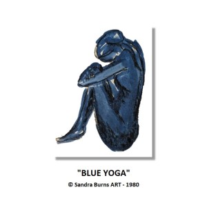 BLUE YOGA - Sandra Burns ART - nature art, knees to chest autism painting, woman in knees to chest seated post, blue and black on white, calmness and comfort - nature art for sale, original mixed media painting on paper