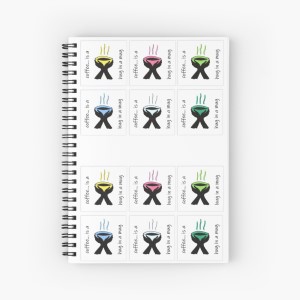 HUG IN A MUG - Sandra Burns ART - nature art, a hug in a mug, hands holding a warm cup of coffee, black white yellow pink green blue teal, comfort warmth relaxation - nature art for sale, original artwork reproduced on spiral notebook cover