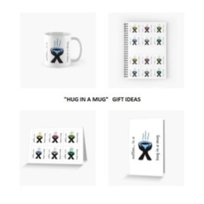 HUG IN A MUG - Sandra Burns ART - nature art, a hug in a mug, hands holding a warm cup of coffee, black white yellow pink green blue teal, comfort warmth relaxation - nature art for sale, original artwork reproduced on giftware