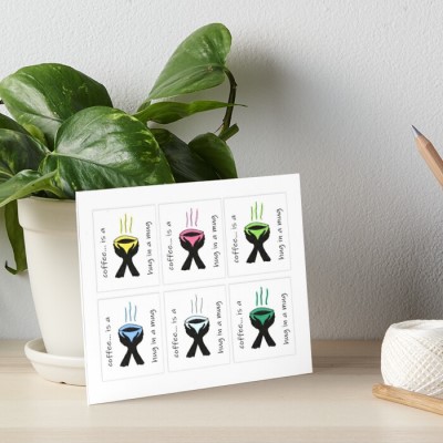 HUG IN A MUG - Sandra Burns ART - nature art, a hug in a mug, hands holding a warm cup of coffee, black white yellow pink green blue teal, comfort warmth relaxation - nature art for sale, original alcohol artwork reproduced on wall art print or desk top print