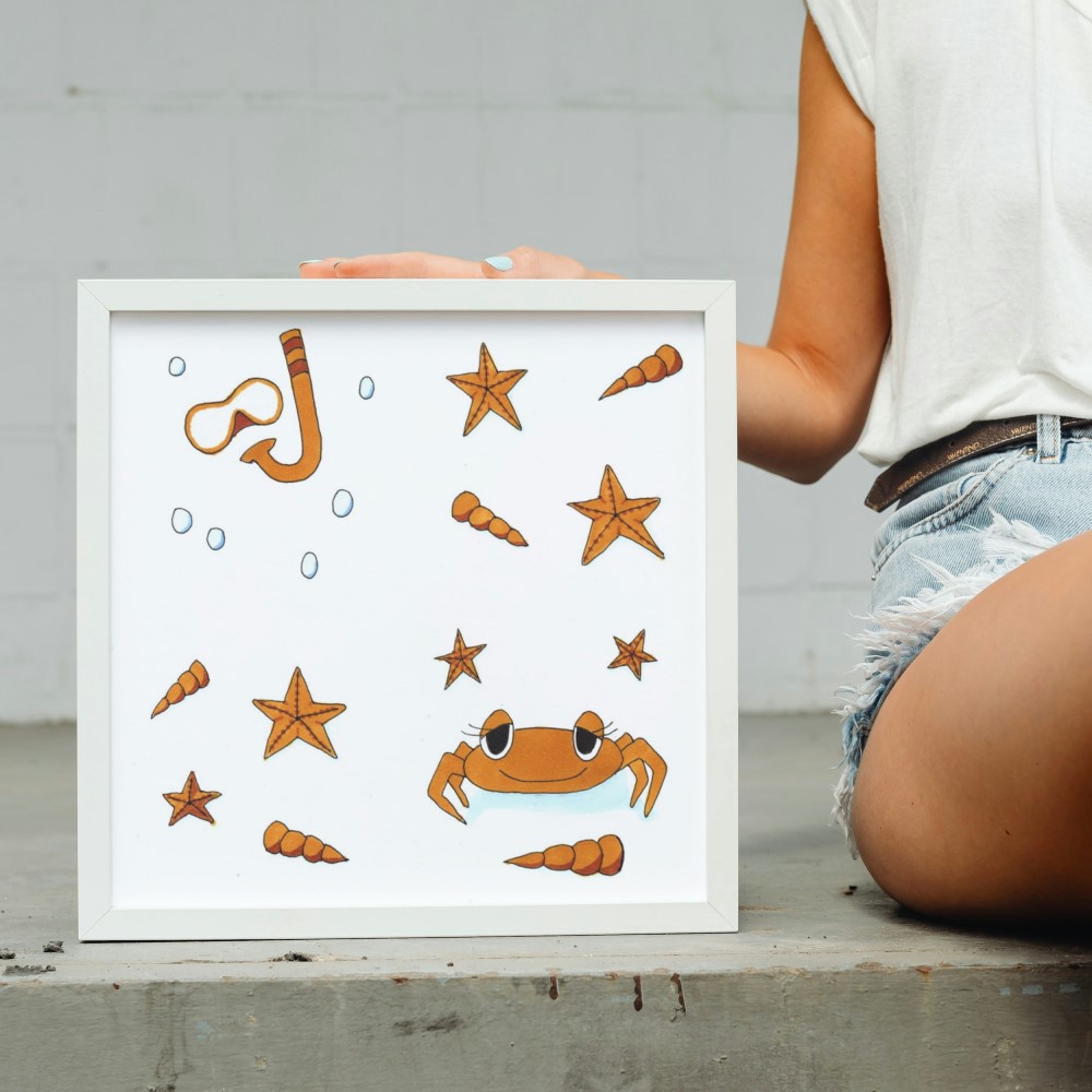 ADVENTURE BEACH - Sandra Burns ART - nature art, fun beach art, mask snorkel crab starfish bubbles shells, brown blue white, memories of summer - nature art for sale, original alcohol ink drawing artwork