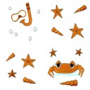 ADVENTURE BEACH - Sandra Burns ART - nature art, fun beach art, mask snorkel crab starfish bubbles shells, brown blue white, memories of summer - nature art for sale, original alcohol ink illustration on paper