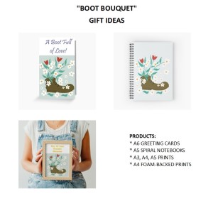 BOOT BOUQUET - Sandra Burns ART - nature art, flowers in a boot artwork, daisy and tulip flowers and an old boot, blue white green yellow red brown, happy exciting fun - original artwork reproduced on greeting cards, spiral notebooks and artwork prints