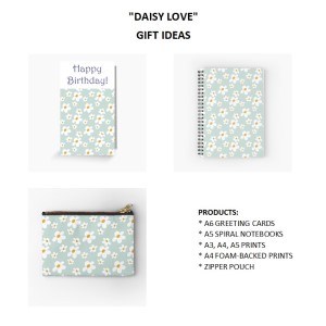 DAISY LOVE - Sandra Burns ART - nature art, white and yellow daisy flowers on a blue background, happy floral art - original artwork reproduced on giftware - greeting cards, spiral notebooks, prints, zipper pouch