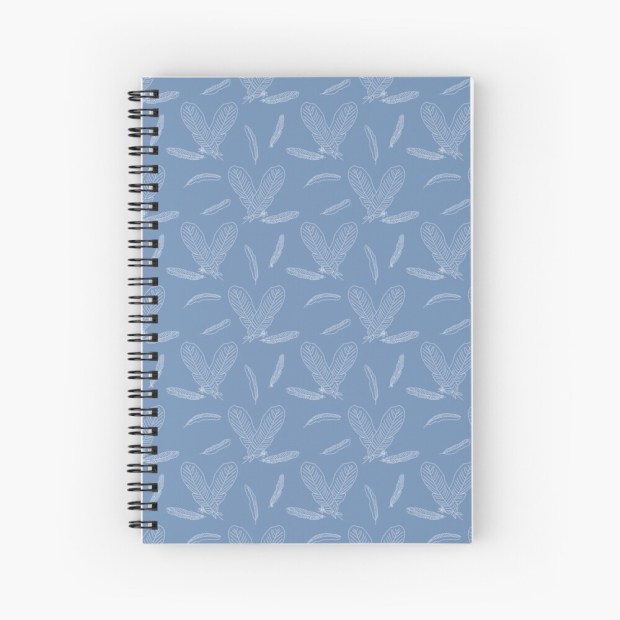 FEATHERS - Sandra Burns ART - a delightful pattern of white feathers on a blue background - fluttering feathers - surface pattern design - original artwork reproduced on notebook cover