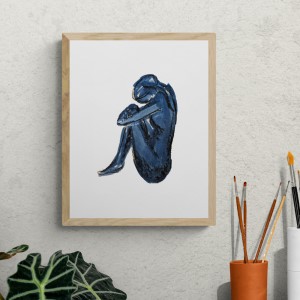 BLUE YOGA - Sandra Burns ART - nature art, knees to chest autism painting, woman in knees to chest seated post, blue and black on white, calmness and comfort - original watercolour painting