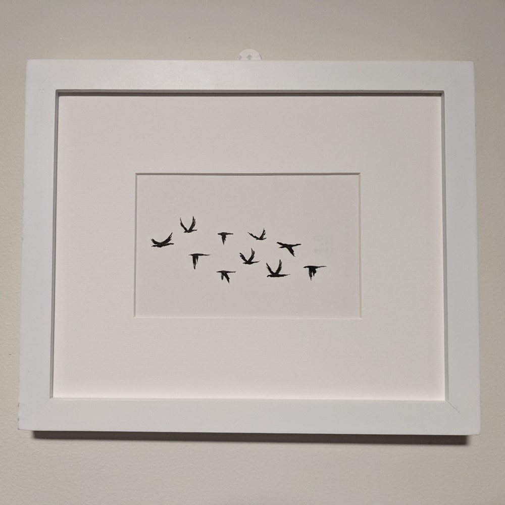 FREEDOM FLIGHT - Sandra Burns ART - nature art, birds in flight painting, flock of birds, black cockatoos, black white, birds flying past, freedom hope spirit, minimalist acrylic painting - nature art for sale, original acrylic painting on paper