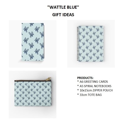WATTLE BLUE - Sandra Burns ART - nature art, blue wattle flowers, happy floral art - original digital artwork reproduced on giftware items - greeting card, notebook, zipper pouch, tote bag